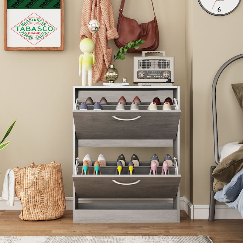 Grey Wood 12-Pair Shoe Storage Cabinet w/ 2 Flip Drawers by Kerrogee