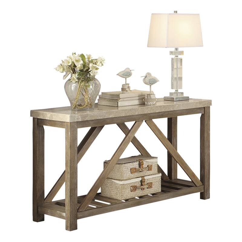 Industrial Style Angled Support 1pc Sofa Table with Bottom Shelf Marble Top Creamy Wooden Living Room Furniture Console Table