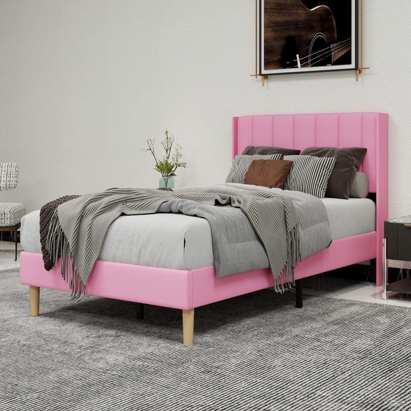 Caxkun Upholstered Platform Bed Frame with Wingback headboard - Pink - Twin