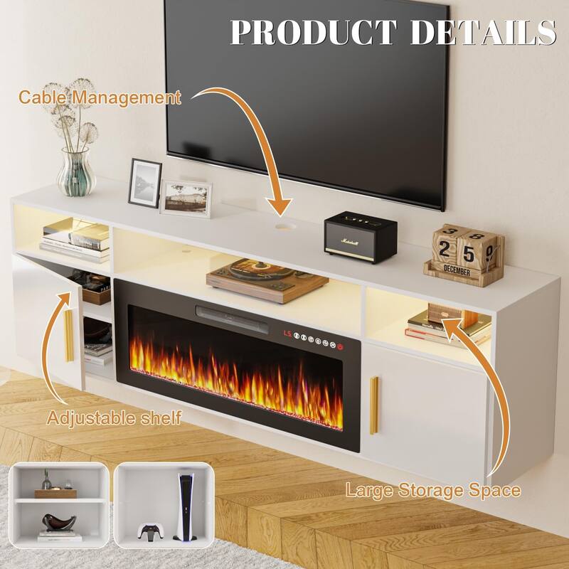 BOSSIN 70" Floating TV Stand with 36" Electric Fireplace, High Gloss Finish Wall Mounted Fireplace TV Stand with Storage