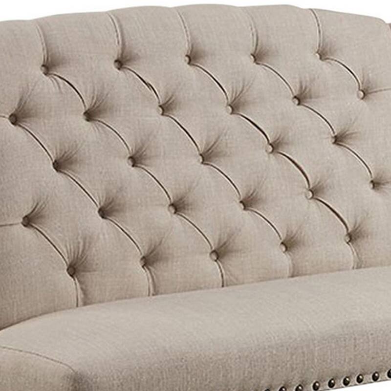 Fabric Upholstered Wing back Bench with Sturdy Wooden Legs, Beige and Black