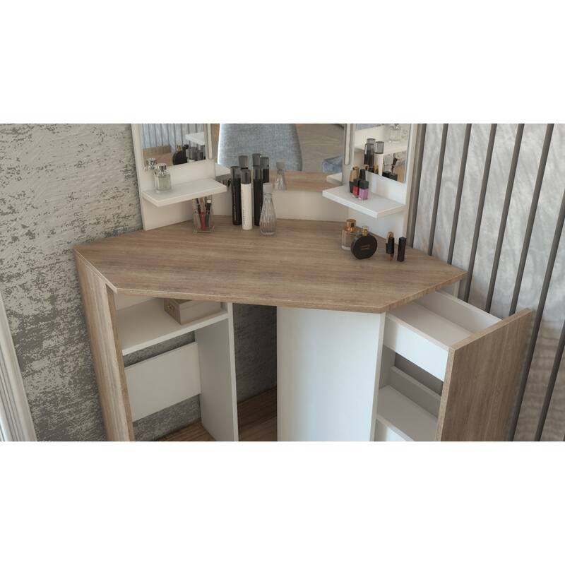 Pearl Corner Storage Makeup Vanity with LED Lights