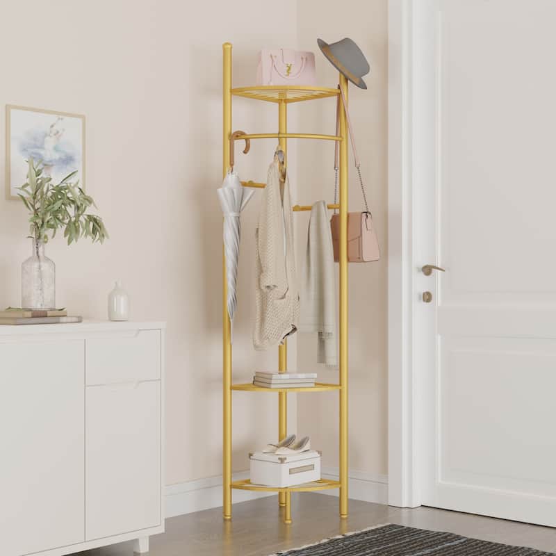 Metal Corner Floor Shelf Entryway Coat Rack Storage Display Rack - 18"x69" - Gold