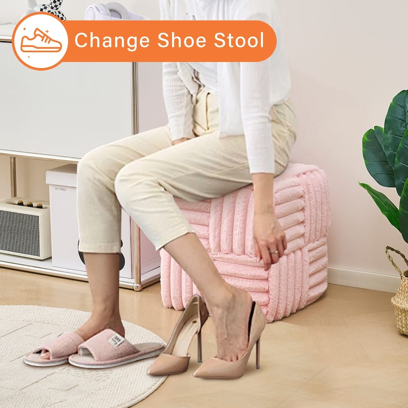 Soft Corduroy Fabric Ottoman Stool for Home Bedroom Living Room Vanity Chair Comfortable