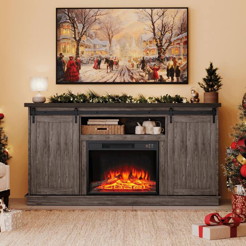 63" Farmhouse Fireplace TV Stand with Sliding Barn Door, Accommodates TVs Up to 65", Featuring Storage and Adjustable Shelves