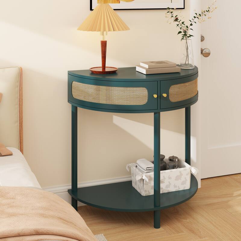 31.88" Half Moon Shaped End Table, Solid Wood Semi Circle Entryway Console Table with 2 Rattan Doors and Bottom Shelf