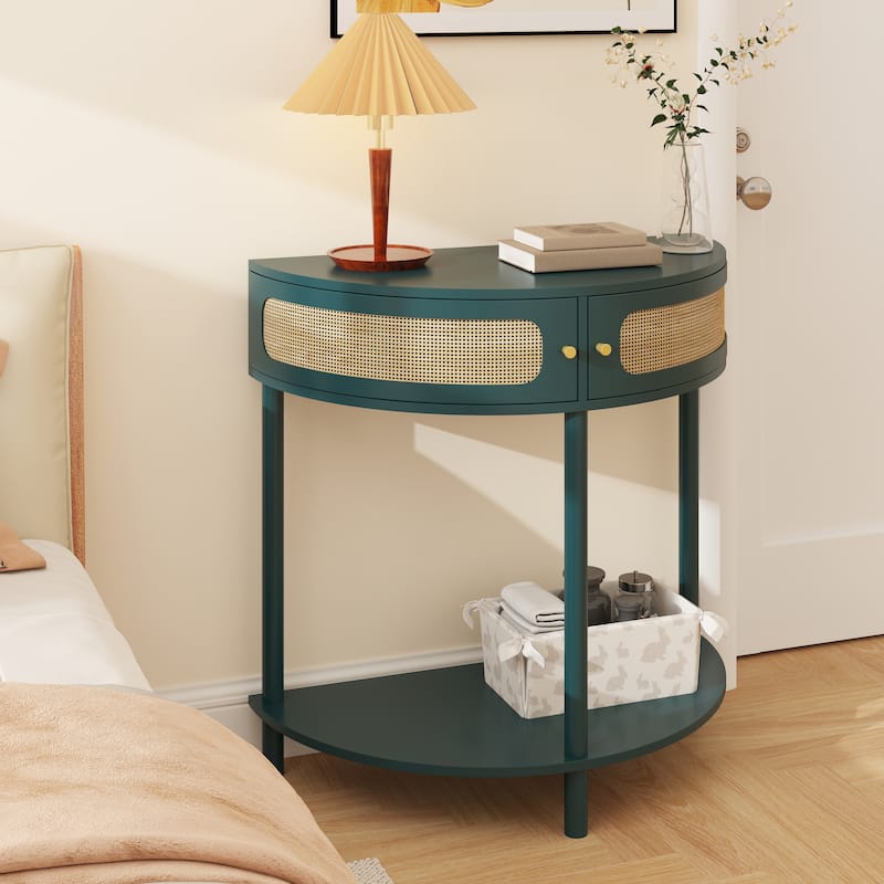 Boho Rattan Semi Circle End Table with Sliding Rattan Door,Elegant Entryway Console with Storage and Bottom Shelf