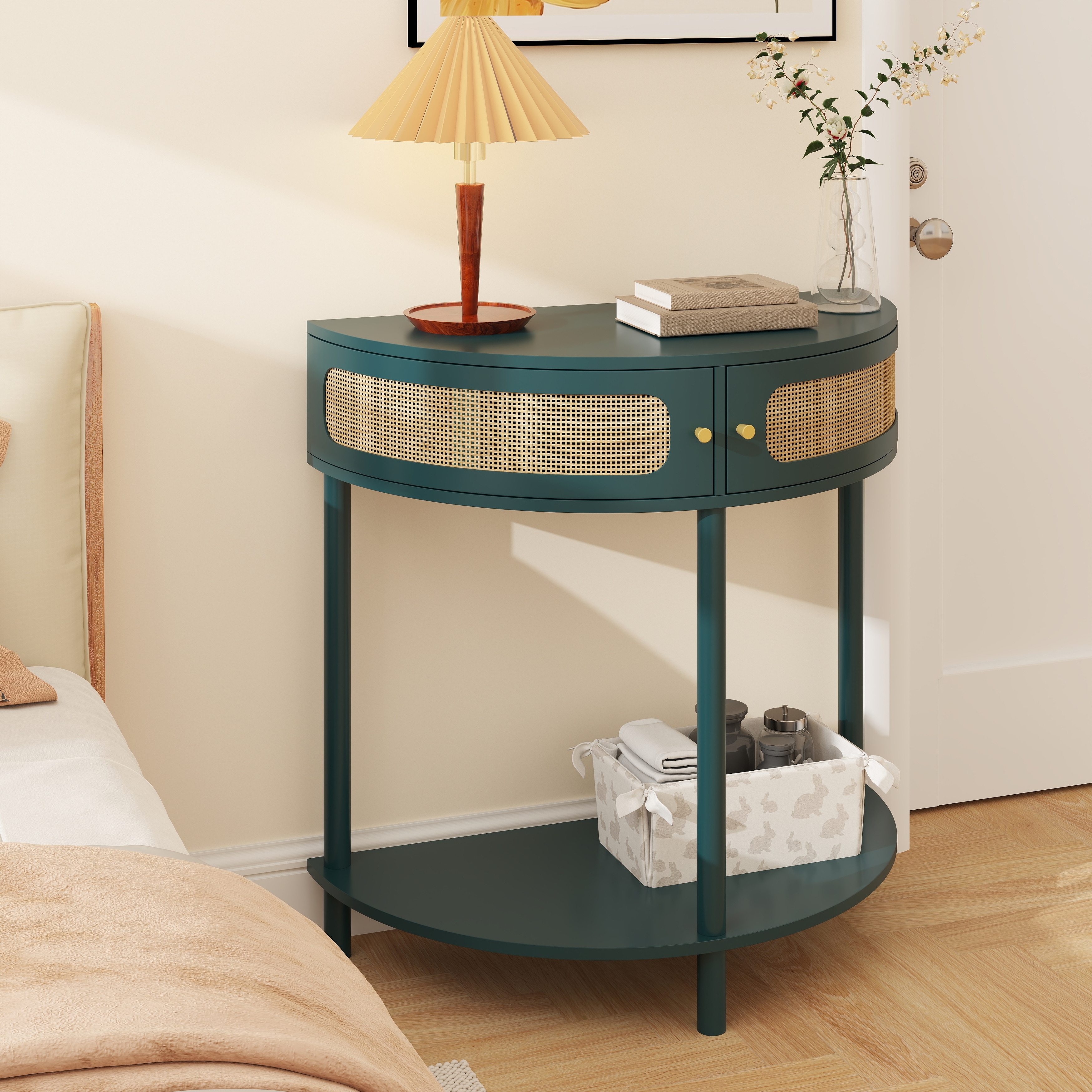 Half Moon Design Entryway Console Table with Rattan Door, Small Half Round Side Table End Table Accent Table for Living Room