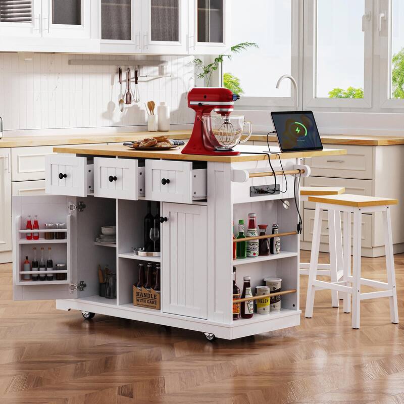 53" Kitchen Island with 2 Bar Stools, Power Outlet, 5-Wheel Cart with Drop Leaf
