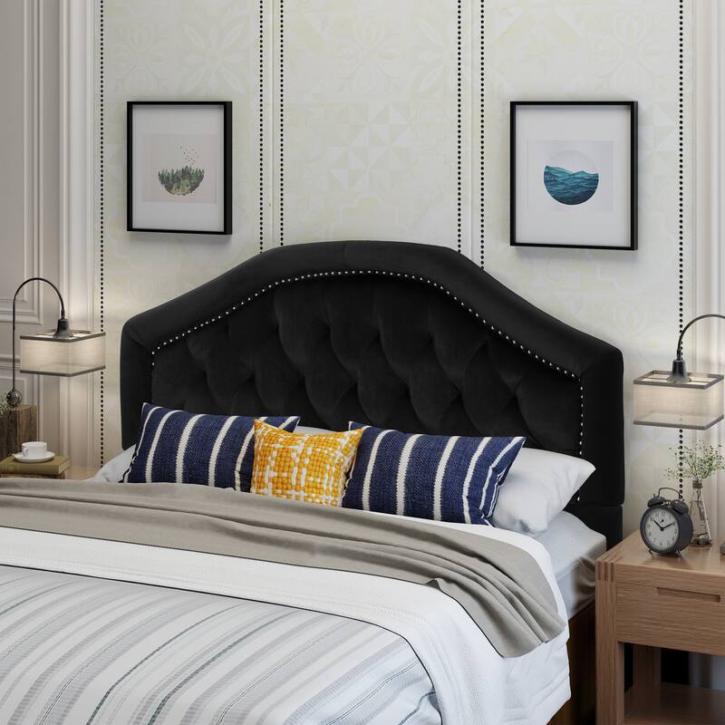 Tufted Upholstered Headboard Queen Size, Solid Wood Head Board - Black