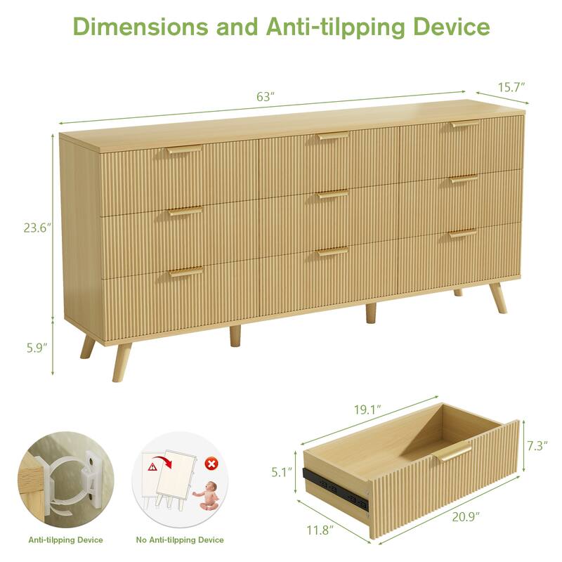 Gymojoy 9 Drawer Dresser, 63" Wide Fluted Wood Chest of Drawers with Gold Handles, Modern Storage Organizer for Closet