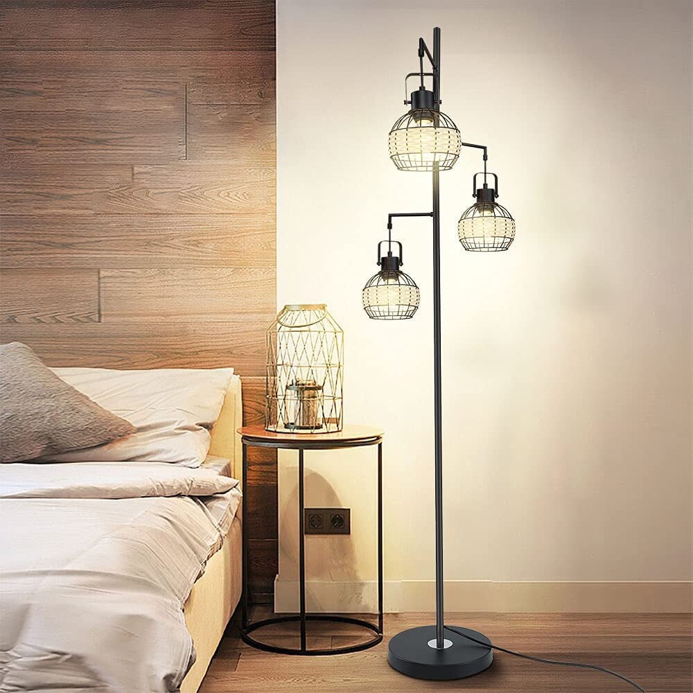 Floor Lamp with 3 Hanging Tall Pole Lighting Cage Shape Included, Black - - 36906051