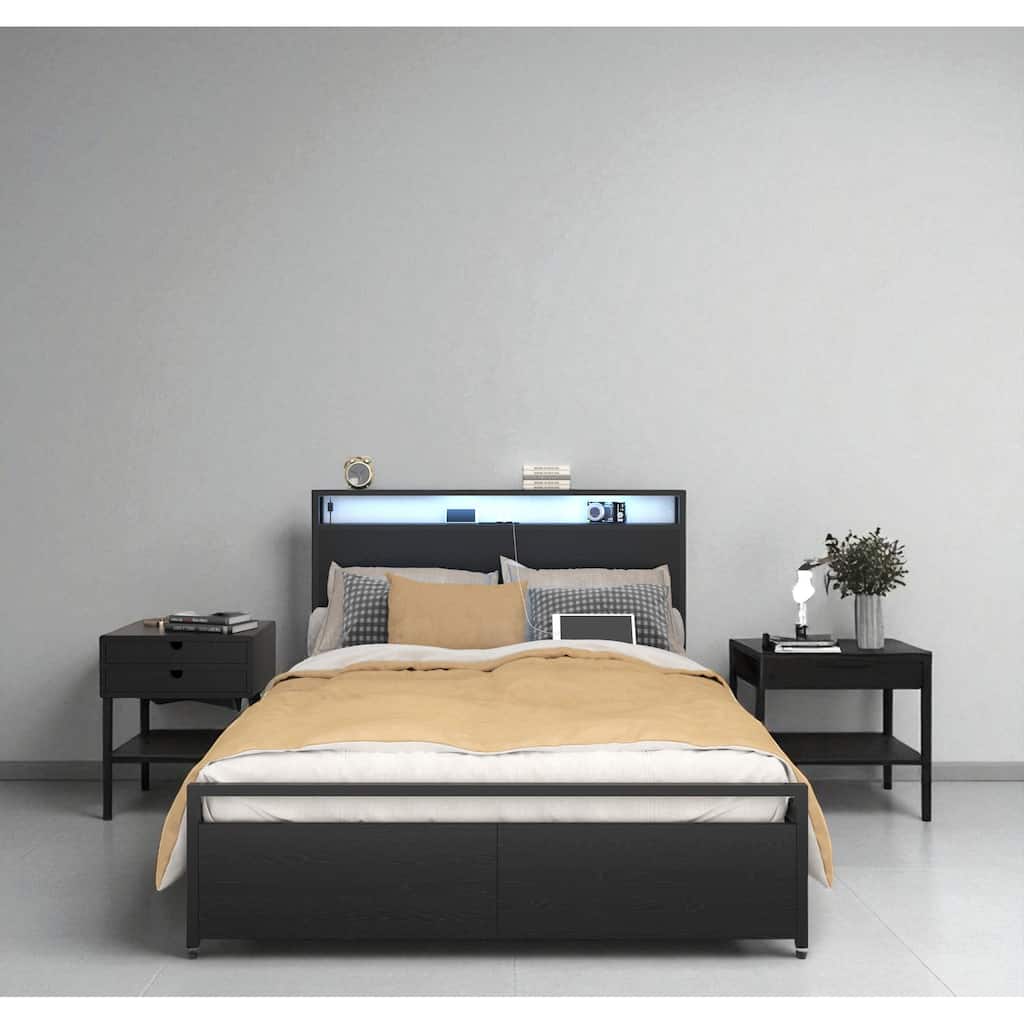 Full Size Bed Frame with Storage Headboard, 2 Drawers, LED Lights, Charging Station, No Box Spring Needed