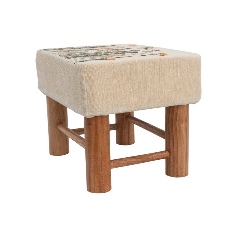 Cotton Upholstered Stool with Floral Embroidery and Pine Wood Legs