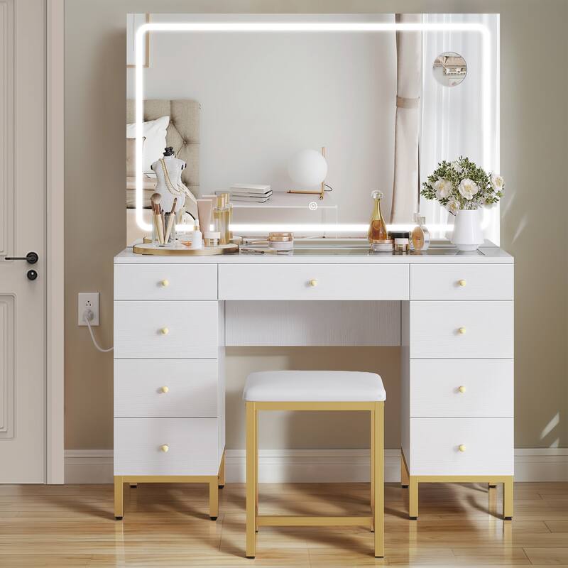 Moasis 9-Drawer Makeup Vanity Set with Stool and Mirror, Glass Top Vanity Desk with LED Lights