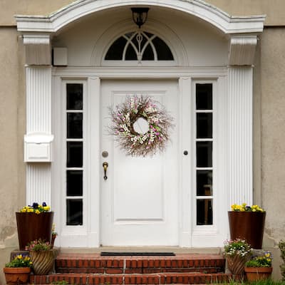 National Tree Company 24 inch Artificial Spring Wreath with Dark Pink and Cream Forsythias, Swirl of Bristle Twigs