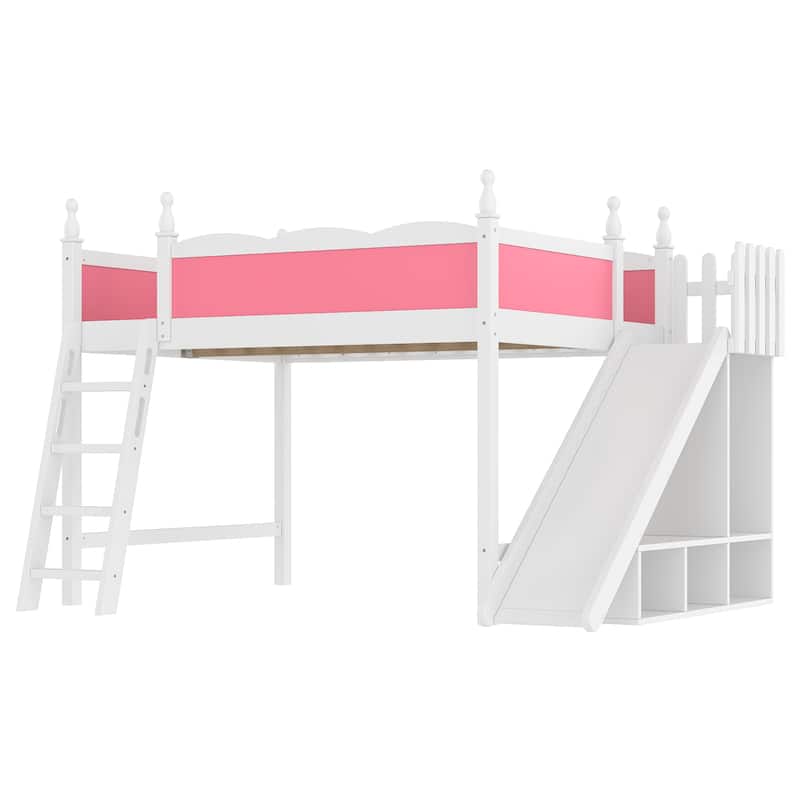 Queen Loft Bed with Storage Shelves and Wardrobe, Solid Wood Loft Beds with Detachable Slide and Ladders, No Spring Box Needed