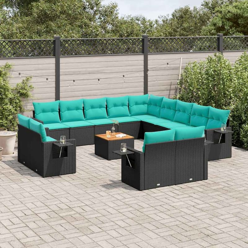 vidaXL 14 Piece Patio Sofa Set with Cushions Gray/Black Poly Rattan - 24.4" x 24.4" x 27.2" - Black and blue