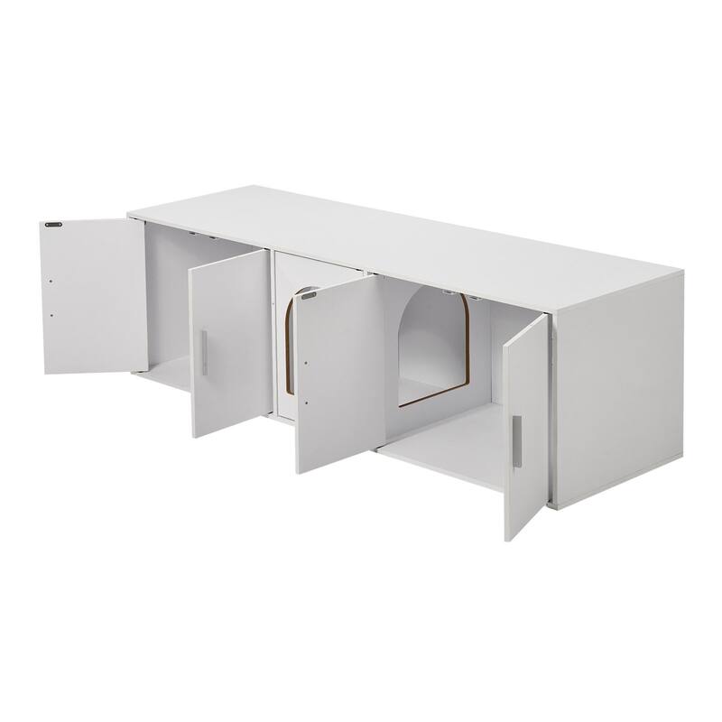 57.9" White Cat Litter Box Enclosure Furniture Hidden with 5 Doors Perfect for Placing Vases Books or any Decorations