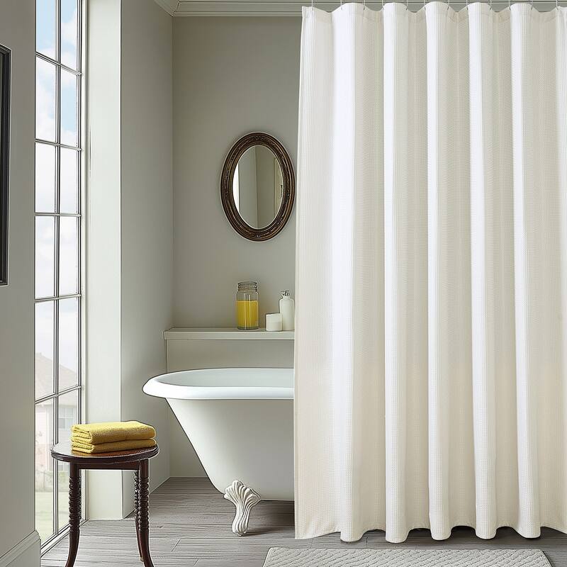 Exclusive Fabrics Modern Waffle Heavyweight Shower Curtains with Hooks Included, 71 Inches Long (1 Panel) - 70 X 71 - Off-White