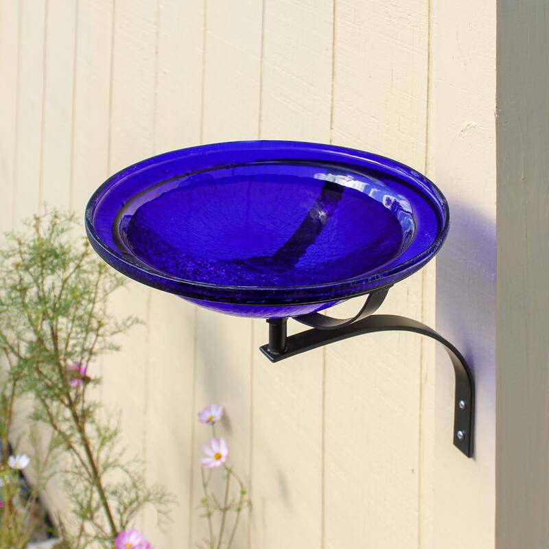 Achla Designs Reflective Crackle Glass Birdbath Bowl With Wall Mount Bracket, 12.5 Inch Diameter, Cobalt Blue