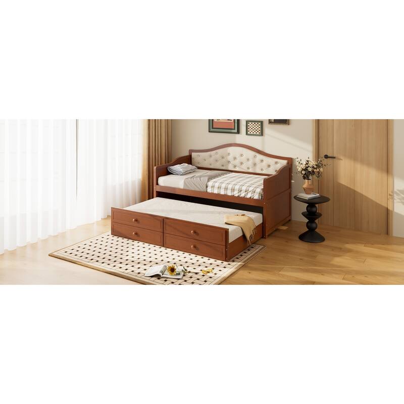 Twin Daybed with Trundle and Storage Drawers, Upholstered Button Tufted Sofa Bed for Living Room, Bedroom, Guest Room, Walnut