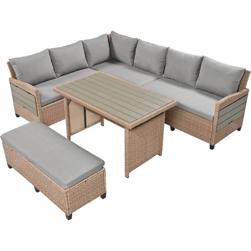 Brown Extendable 5-Piece Outdoor Patio PE Wicker Rattan L-Shaped Sectional Sofa Set