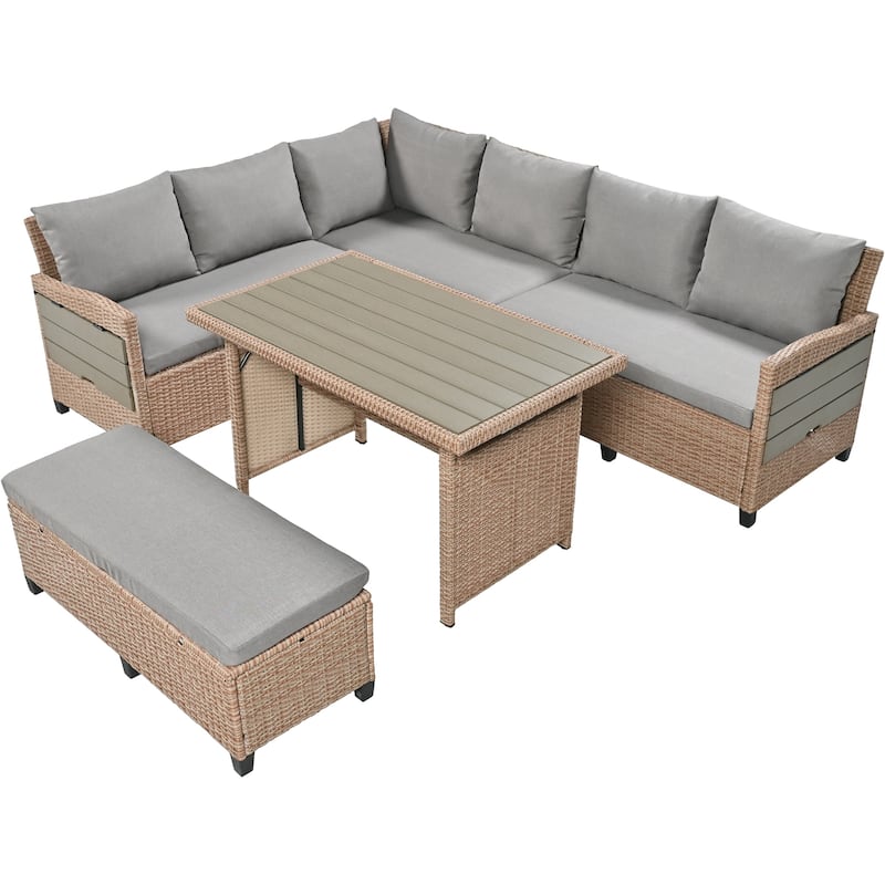 Roomfitters 5-Piece Outdoor PE Wicker Patio Sofa Set with 2 Extendable Side Tables, Dining Table