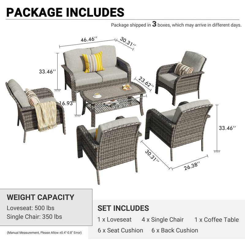 XIZZI 6-Piece Outdoor Wicker Patio Furniture Chairs Set with Coffee Table