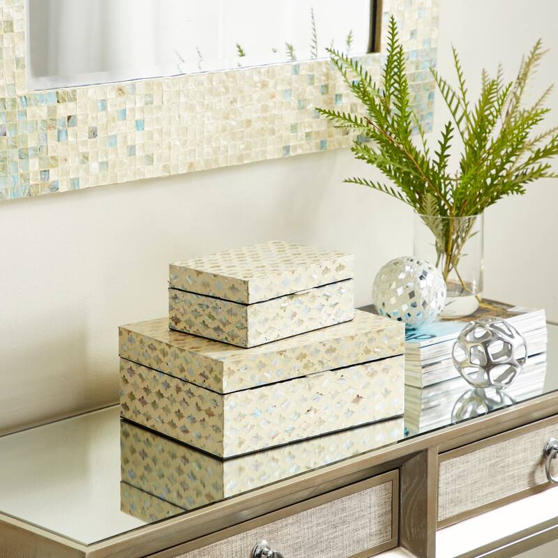 Mother of Pearl Handmade Geometric Box with Hinged Lid (Set of 2) - White-Cream Lattice