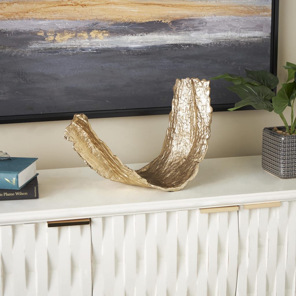 Gold Aluminum Metal Abstract Textured Folded Leaf Large Decorative Bowl