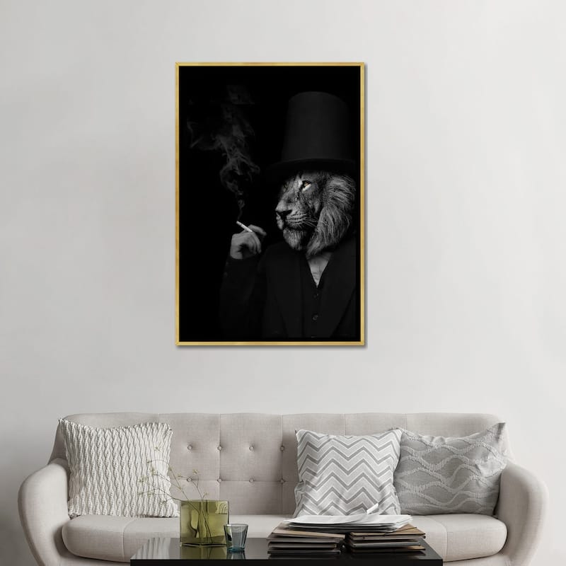 iCanvas "Man In The Form Of A Lion Person Black And White Smoking" by Adrian Vieriu Framed