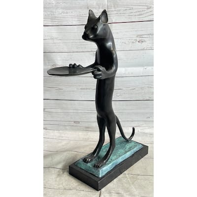 Standing Imitative Cat Holding Tray Business Card Holder Bronze Sculpture Statue Original Art Decor