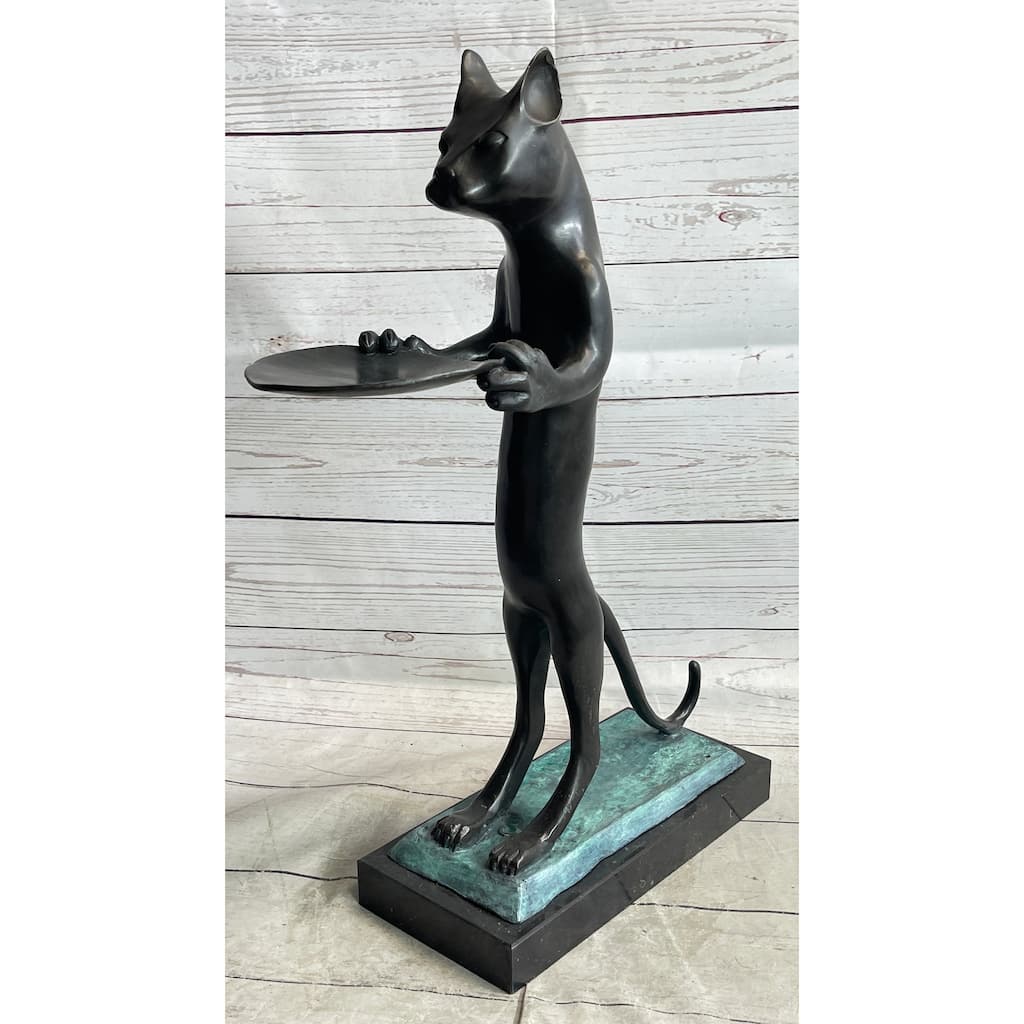 Standing Cat Holding Tray Business Card Holder Bronze Sculpture Statue Original Art Decor