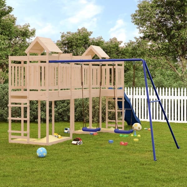slide 2 of 18, vidaXL Swing Set Outdoor Backyard Wooden Playground Equipment for Kids Age 3-8 142.5" x 230.3" x 93.7" Pine