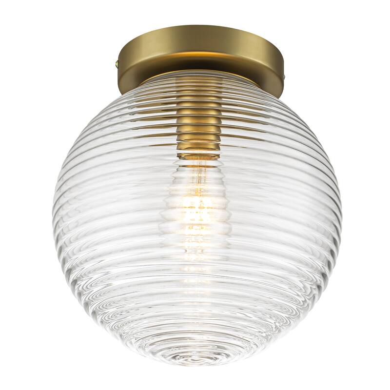 9.84 in. 1-Light Modern Brushed Gold Ribbed Clear Glass Globe Semi-Flush Mount Ceiling Light - 9.84 in. W x 10.63 in. H