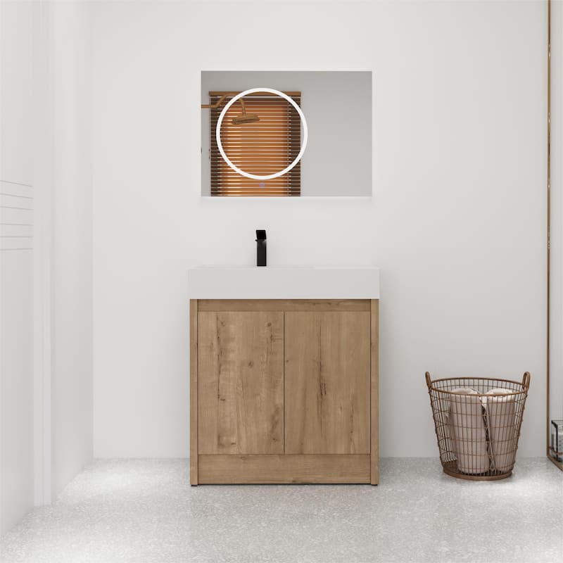 Bathroom Vanity With Sink In 24/30 Inch, Freestanding Bathroom Vanity With Soft Close Door And Adjustable Shelves - 29.5"W x 18.1"D x 35"H - Imitative Oak with left basin
