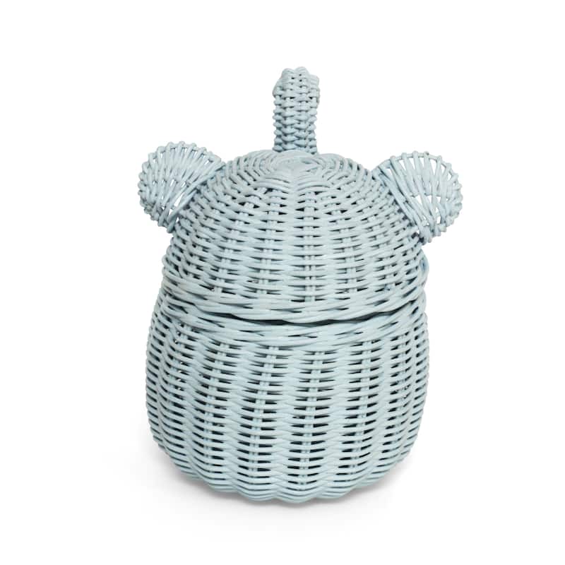 Blue Elephant Rattan Storage Basket With Lid Hand Woven Shelf Organizer Cute Handmade Gift Wicker