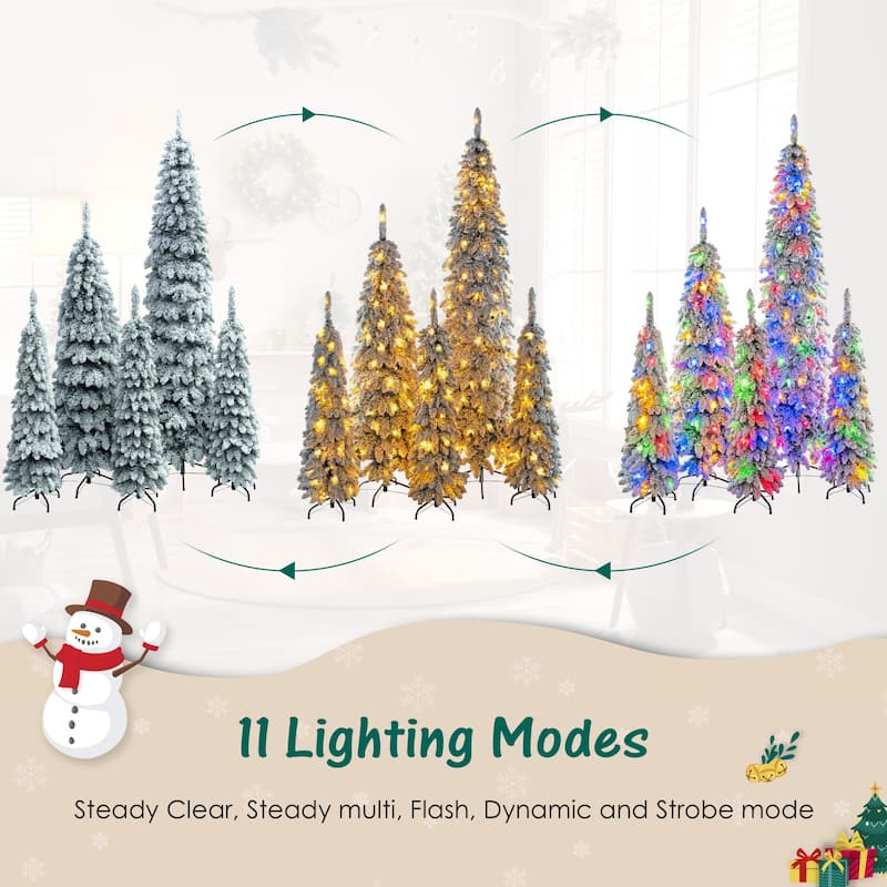 8FT,6FT,4FT x 3 Pre-Lit Pencil Christmas Trees, 5-set Slim Artificial Christmas Tree With Snow Flocking, with 11 Lighting Modes