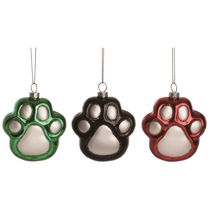 Transpac Christmas Holiday Red Black Green Glass Paw Print Pet Ornament Set of 3, 3.88 Dia. inch - Mutlicolor
