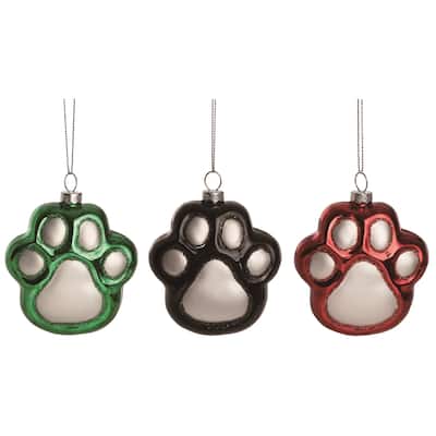 Transpac Christmas Holiday Red Black Green Glass Paw Print Pet Ornament Set of 3, 3.88 Dia. inch - Mutlicolor