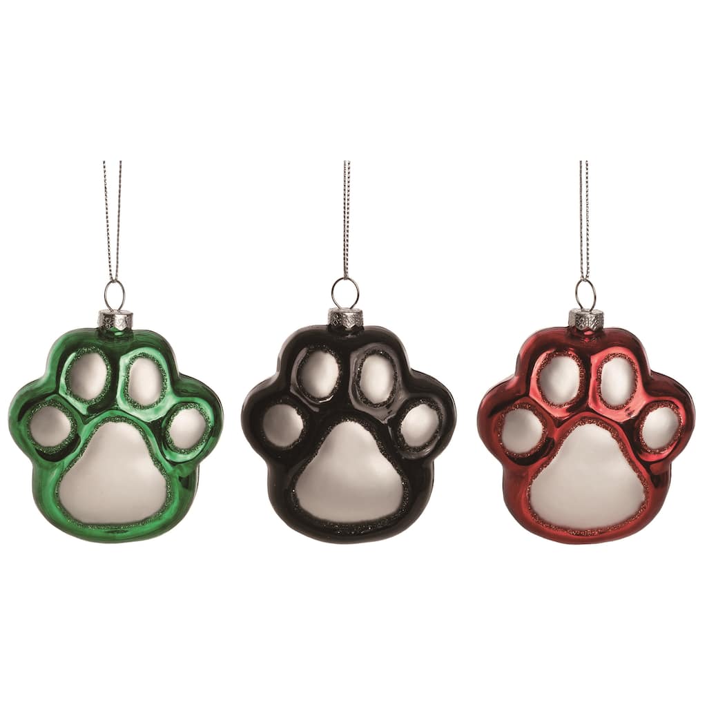 Transpac Christmas Holiday Red Black Green Glass Paw Print Pet Ornament Set of 3, 3.88 Dia. inch - Mutlicolor