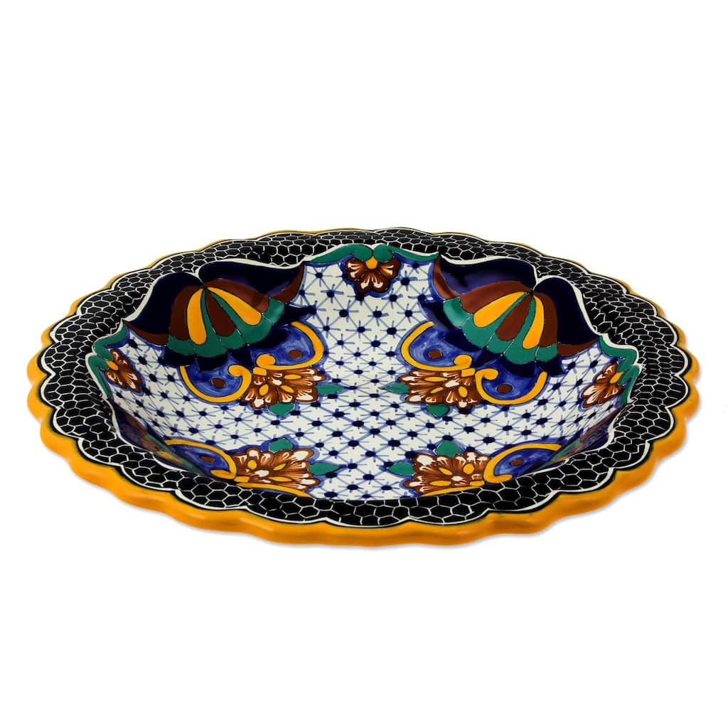 Novica Handmade Zacatlan Sunflower Ceramic Serving Bowl