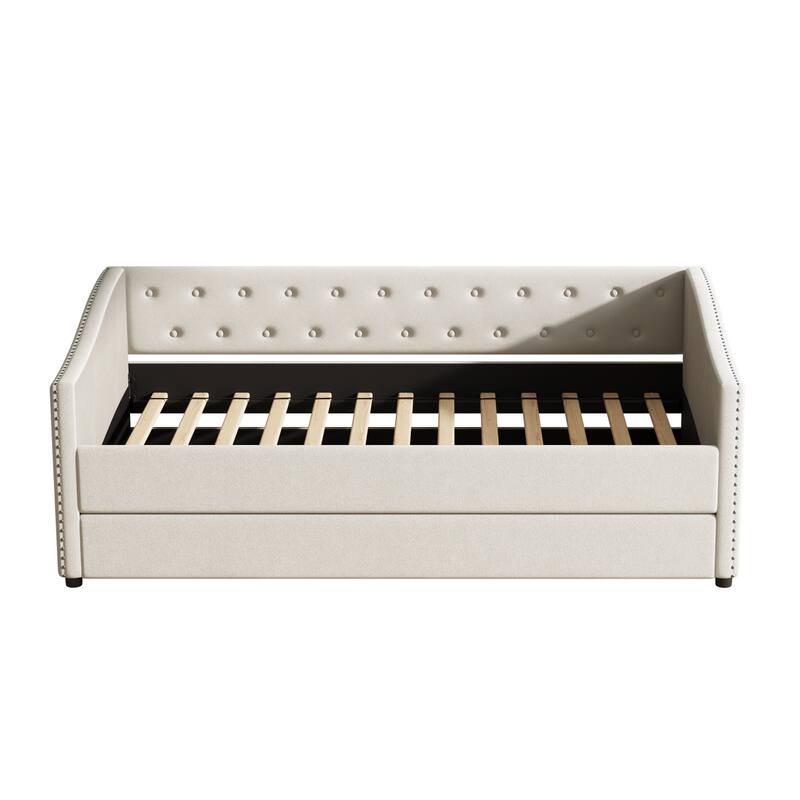 Twin Size Daybed+Twin Size Trundle,With Button On Back And Copper Nail On Waved Shape Arms