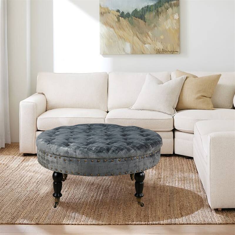 Round Velvet Tufted Coffee Table Ottoman, 34" x 34" x 17" H