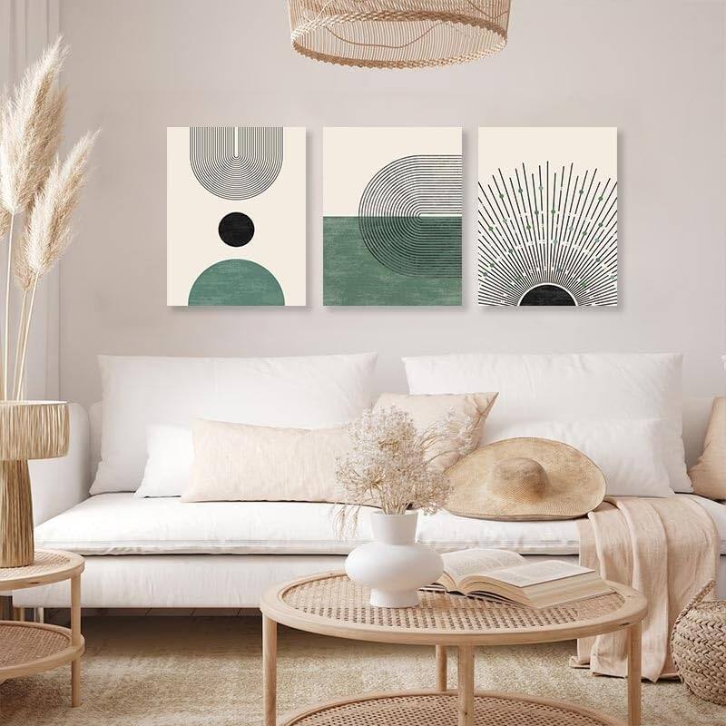 Minimalist Beige Green Sun Geometry Black Line Artwork Paintings
