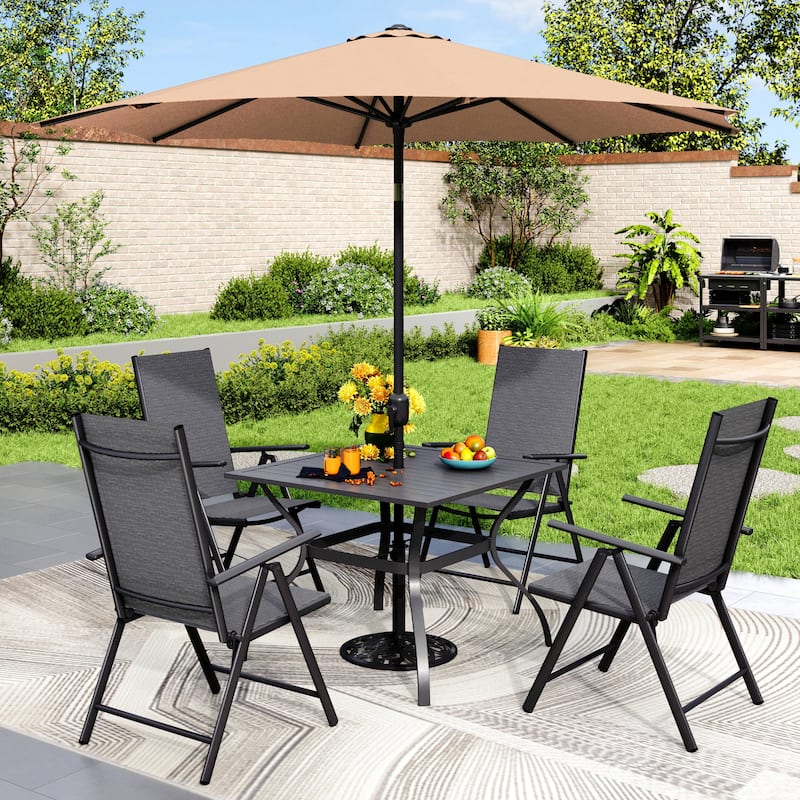 MAISON ARTS Outdoor 6-piece Patio Dining Set, 1 Square Metal table, 4 Adjustable Folding Chairs and 9ft Umbrella - Beige