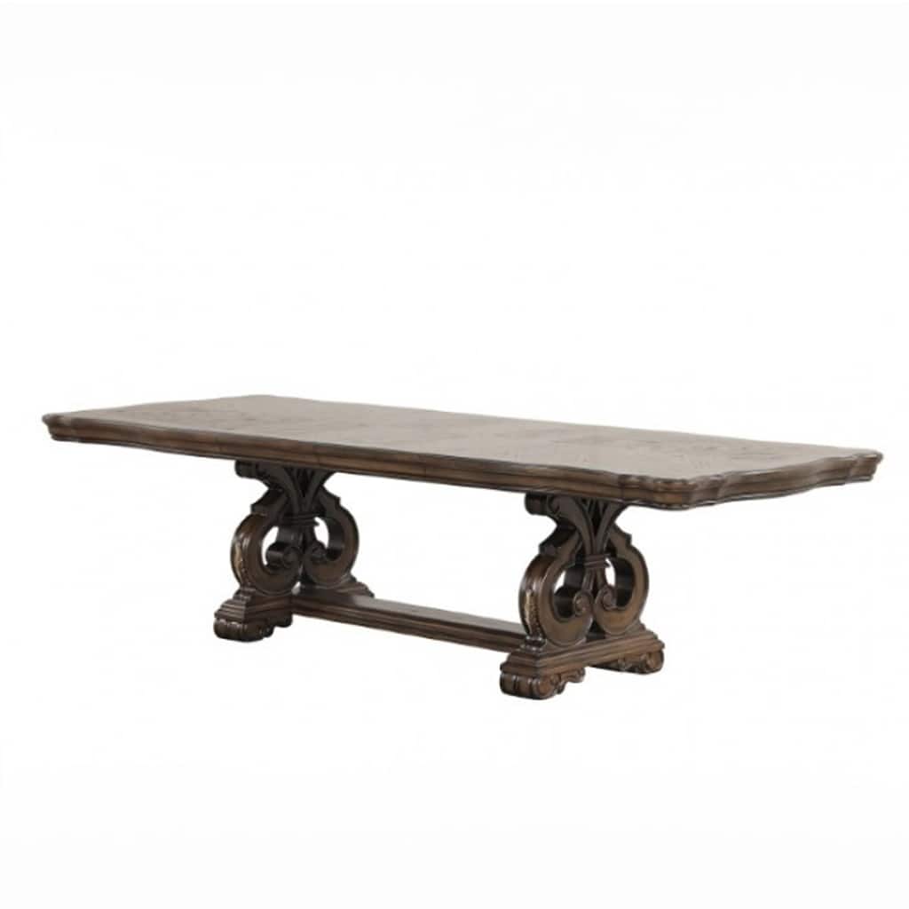 Leova Dining Table, 80-114 Inch Extendable Top, Dark Brown Corbel Base