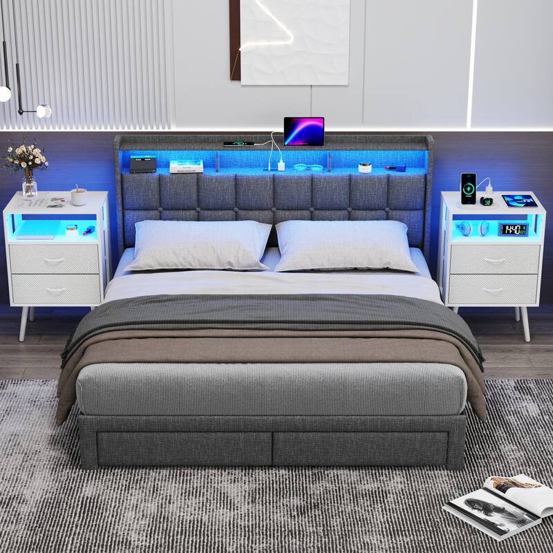 2 Pack Modern Nightstand with Charging Station, Bedside Tables with LED Light and Fabric Drawers