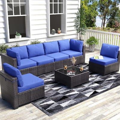 7-Piece Patio Conversation Sofa Set with Cushions and Glass Top Coffee Table